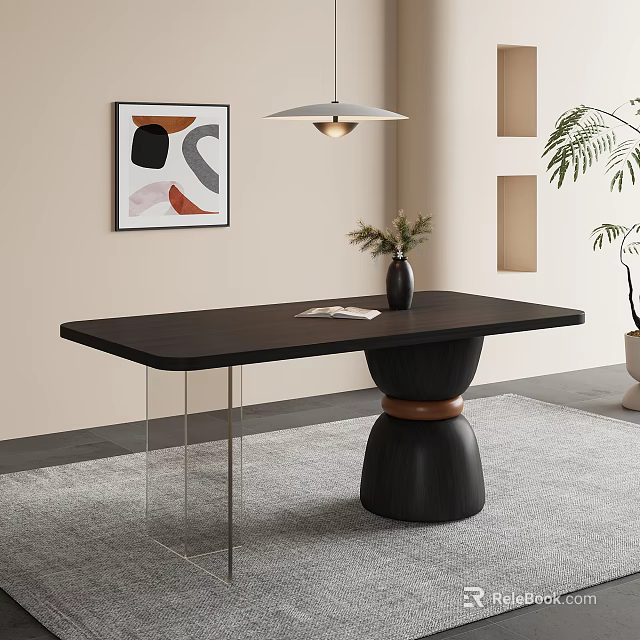 Modern Minimalist Black Dining Table with Vase Plant Magazine and Abstract Painting on Grey Rug 3d model 
