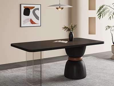Modern Minimalist Black Dining Table with Vase Plant Magazine and Abstract Painting on Grey Rug 3d model