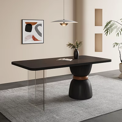 Modern Minimalist Black Dining Table with Vase Plant Magazine and Abstract Painting on Grey Rug 3d model