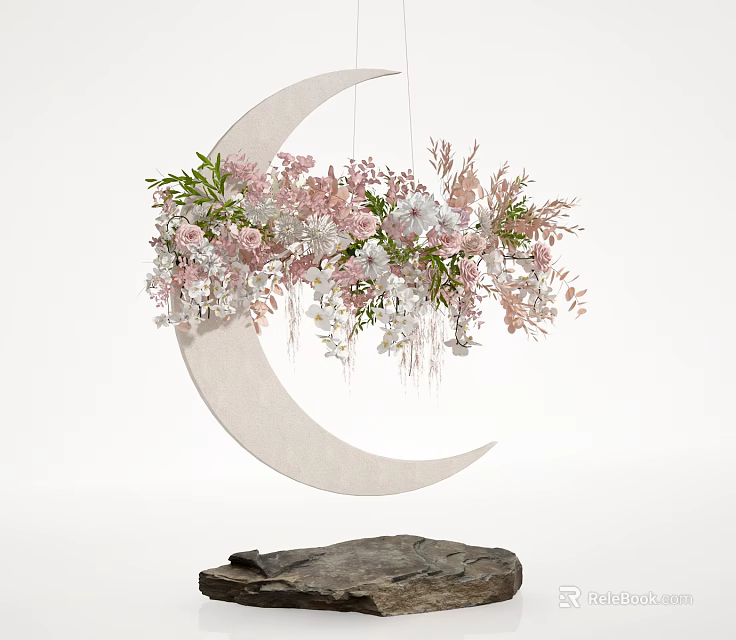 Hanging Floral Display with Crescent Moon Pink White Flowers and Green Leaves on Stone Base 3d model 