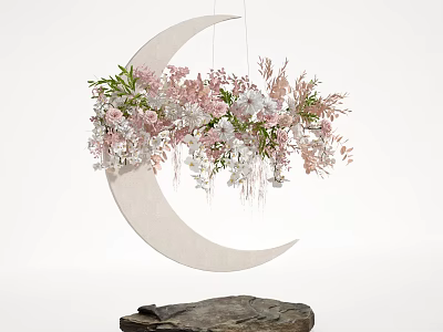 Hanging Floral Display with Crescent Moon Pink White Flowers and Green Leaves on Stone Base 3d model