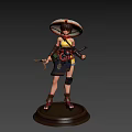 Game Fantasy Warrior Character In Yellow Top Dark Skirt With Large Hat And Dual Blades