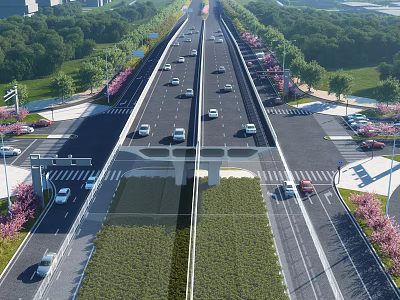 Modern Urban Road Infrastructure Featuring Overpass Green Belts and Moving Vehicles 3d model