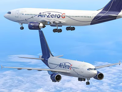 Two AirZeroG Airliners Flying In Blue Sky With White Clouds 3d model