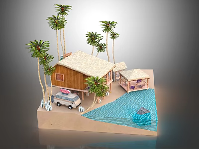 Tropical Wooden House Surrounded By Palm Trees With Van Pavilion And Pool 3d model
