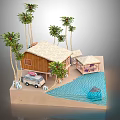 Tropical Wooden House Surrounded By Palm Trees With Van Pavilion And Pool