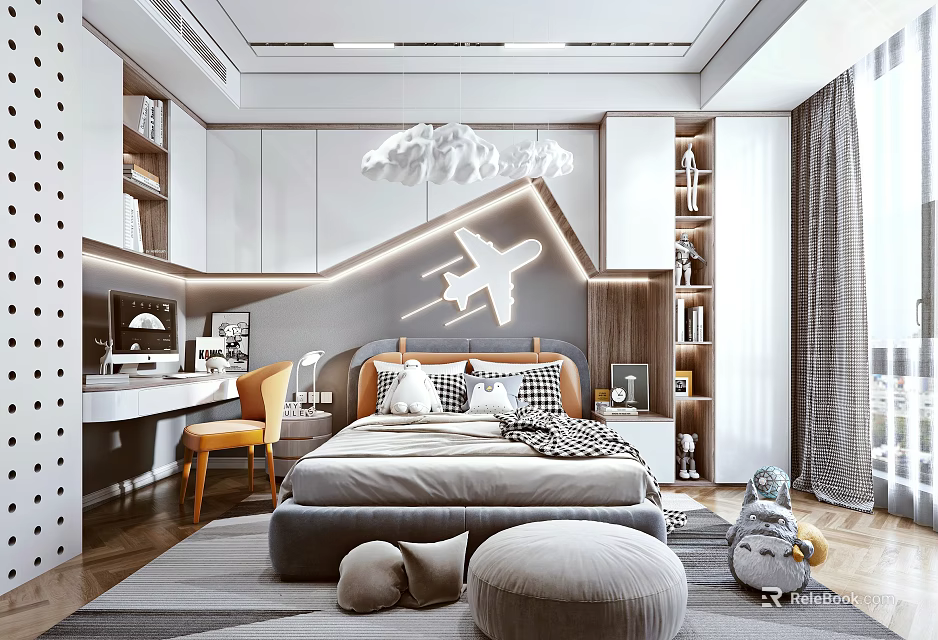 Kids Room Interior Design With Airplane Headboard Light Desk Chair Bookshelves Cabinets And Rug 3d model 