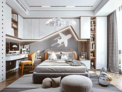 Kids Room Interior Design With Airplane Headboard Light Desk Chair Bookshelves Cabinets And Rug 3d model