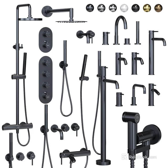 Modern Black Bathroom Faucets With Shower Heads And Control Panels 3d model 
