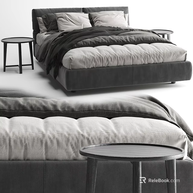 Modern Double Bed With Soft Gray Bedding And Wooden Side Tables 3d model