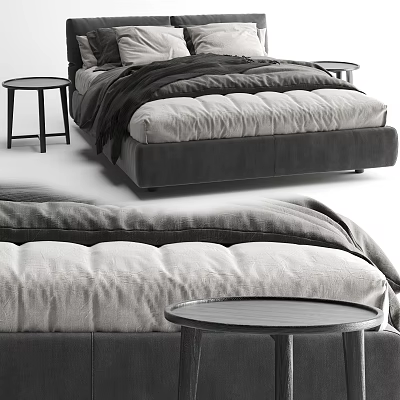 Modern Double Bed With Soft Gray Bedding And Wooden Side Tables 3d model