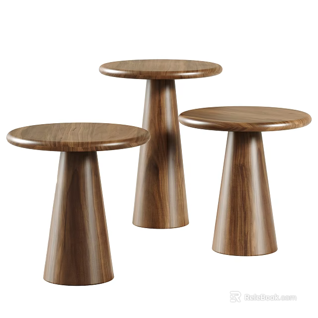 Three Wooden Side Tables With Round Top And Cone Shaped Base 3d model