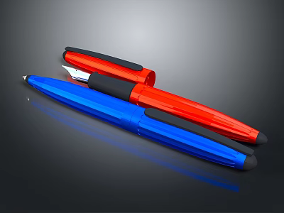 Elegant Blue and Red Fountain Pens as Daily Life Essential Supplies 3d model