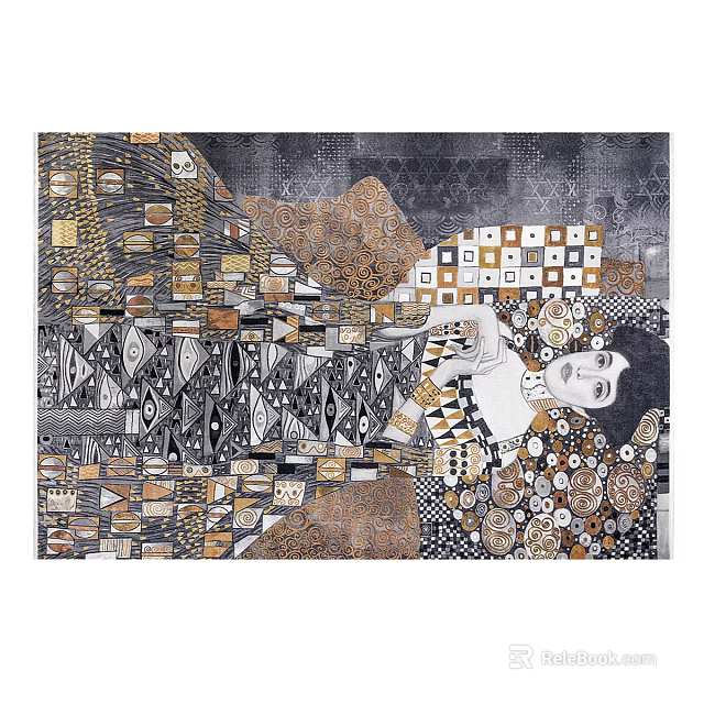 Artistic Square Rug With Intricate Abstract Patterns Gold Black White Tones And Figural Details 3d model 