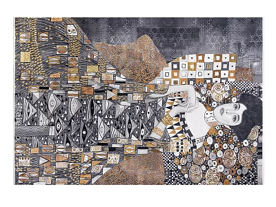 Artistic Square Rug With Intricate Abstract Patterns Gold Black White Tones And Figural Details 3d model