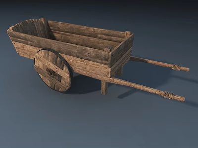Rustic Wooden Cart With Single Spoked Wheel And Long Handle Design 3d model
