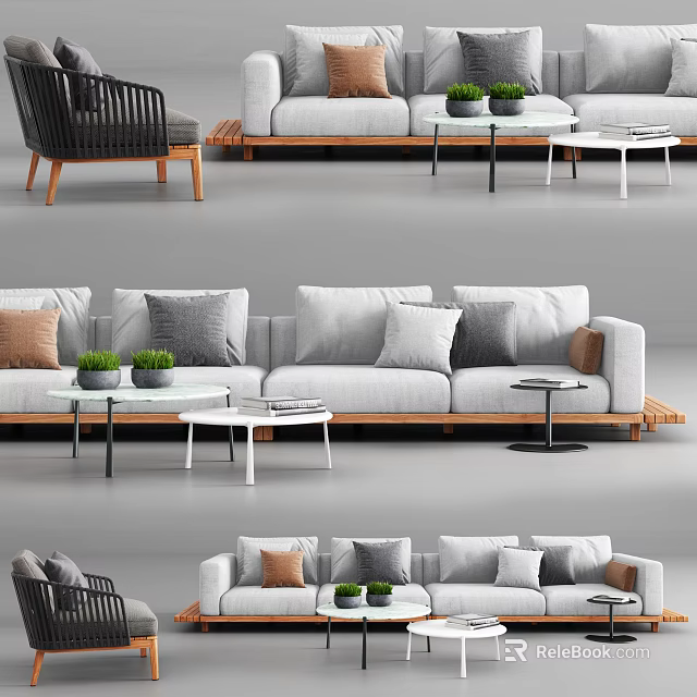Modern Light Gray Sofa And Coffee Table Set With Decorative Pillows And Green Plants 3d model 