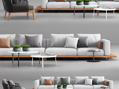 Modern Light Gray Sofa And Coffee Table Set With Decorative Pillows And Green Plants 3d model