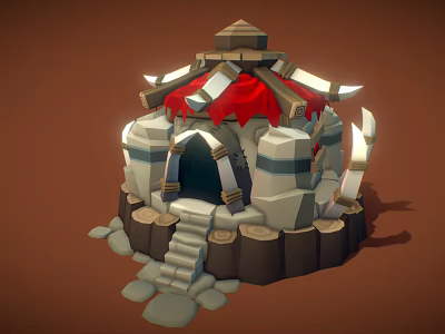 Cartoon Style Building With Red Roof Stone Steps Arched Entrance And Decorative Structures 3d model