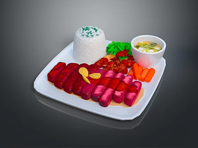 Plated Food With Herbed Rice Sliced Red Meat Carrots And Soup 3d model
