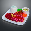 Plated Food With Herbed Rice Sliced Red Meat Carrots And Soup