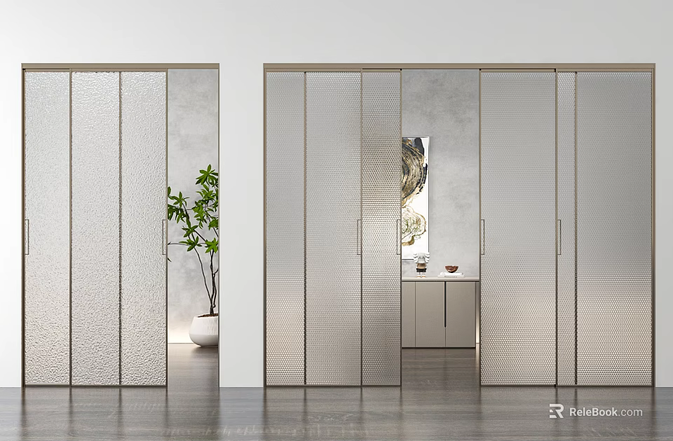 Modern Glass Sliding Doors For Interior Partition With Indoor Plant Cabinet Mirror 3d model 