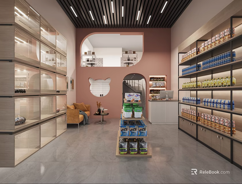 Modern Mall Store Interior With Shelves Displayed Products And Cozy Seating Area 3d model 