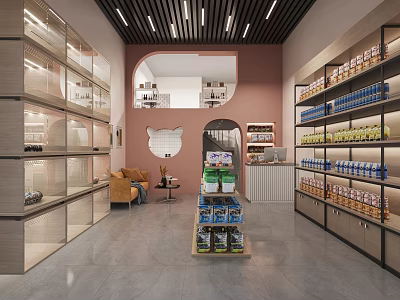 Modern Mall Store Interior With Shelves Displayed Products And Cozy Seating Area 3d model