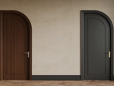 Arched Brown Wooden and Black Swing Doors with Metal Handles on Wall and Floor 3d model