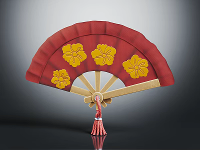 Decorative Red Fan with Yellow Flower Patterns Golden Ribs and Red Tassel 3d model