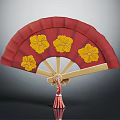 Decorative Red Fan with Yellow Flower Patterns Golden Ribs and Red Tassel