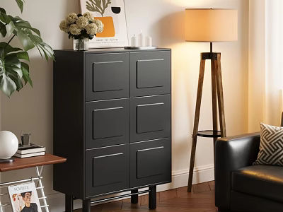 Modern Living Room Interior Featuring Black Cabinet Wooden Floor Lamp Green Plant And Leather Sofa 3d model