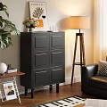 Modern Living Room Interior Featuring Black Cabinet Wooden Floor Lamp Green Plant And Leather Sofa