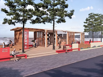 Wooden Pavilion With Red Benches Trees And People Resting In Open Space 3d model