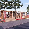Wooden Pavilion With Red Benches Trees And People Resting In Open Space