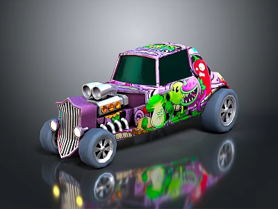 Purple Custom Car With Cartoon Patterns Green Dinosaur Pink Mushroom And Turbocharger 3d model