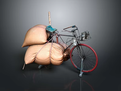 Vintage Bicycle With Large Brown Cargo Sacks Red Wheels And Handlebar Basket 3d model