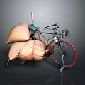 Vintage Bicycle With Large Brown Cargo Sacks Red Wheels And Handlebar Basket
