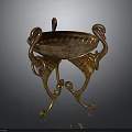 Golden Metallic Decorative Bowl With Curved Stands And Intricate Artistic Design