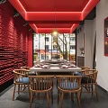 Modern Hot Pot Restaurant Interior With Red Decor Open Layout Dining Tables And Buffet Area 3d model