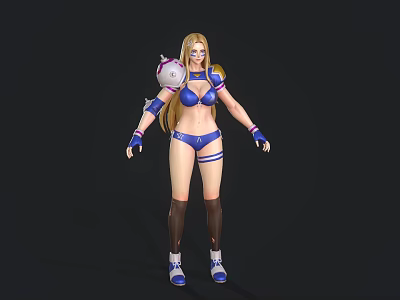 Blonde Woman Wearing Blue Bikini Style Outfit With Shoulder Armor Gloves And Knee High Socks 3d model