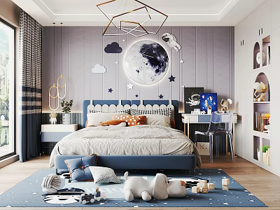 Kids Room Interior Design with Moon Stars Decor Blue White Bed and Stuffed Toys 3d model