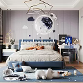 Kids Room Interior Design with Moon Stars Decor Blue White Bed and Stuffed Toys
