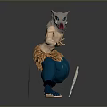 Anthropomorphic Cat Headed Figurine Standing With Blue Pants Orange Decor Skirt And Sticks
