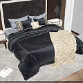 Double Bed with Black Comforter Gray Pillows Nightstand by Window Sea View on Wooden Floor