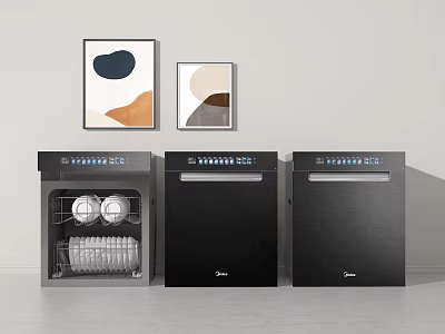 Modern Black Kitchen Dishwashers With Open Door Showing Dishes And Abstract Wall Art 3d model