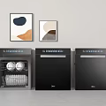 Modern Black Kitchen Dishwashers With Open Door Showing Dishes And Abstract Wall Art