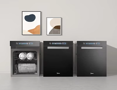 Modern Black Kitchen Dishwashers With Open Door Showing Dishes And Abstract Wall Art 3d model