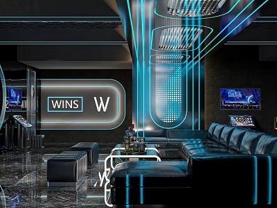 Modern KTV Lounge Interior With Neon Lights Black Sofa And LED Screens 3d model