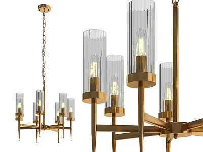 Elegant Modern Golden Chandelier With Transparent Glass Shades And Illuminated Bulbs 3d model